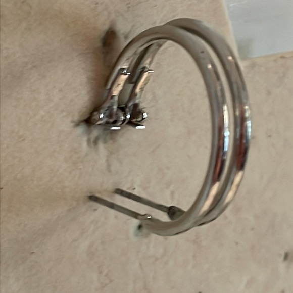 1 1/8” silver tone hoop earrings with Omega back closures - Picture 6 of 10